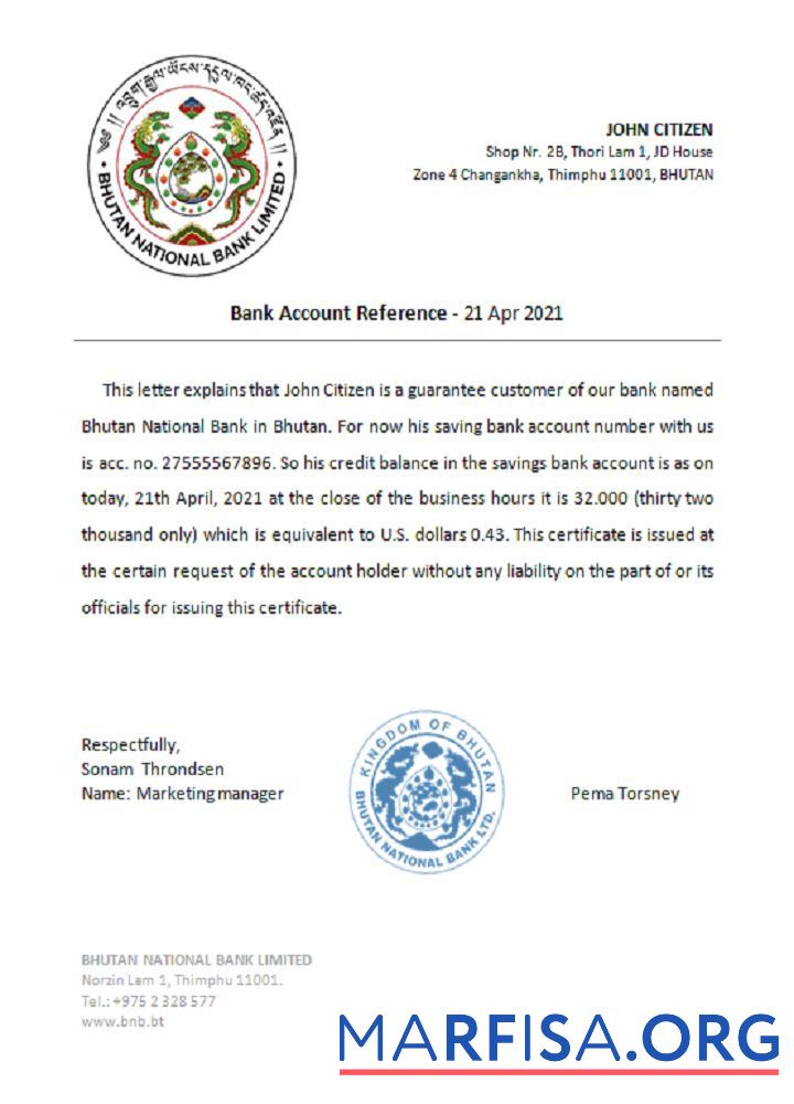 Printable Bhutan Bhutan National Bank reference example